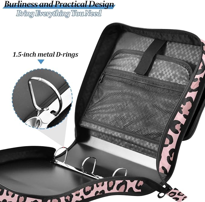 Leopard Pink Pattern 3 Ring Zipper Binder with Shoulder Strap & Handle 1.5 Inch D-Ring Zippered Bag with Pencil Pouch,Multiple Pocket & Expanding File Folder, Binder Organizer for School or Office