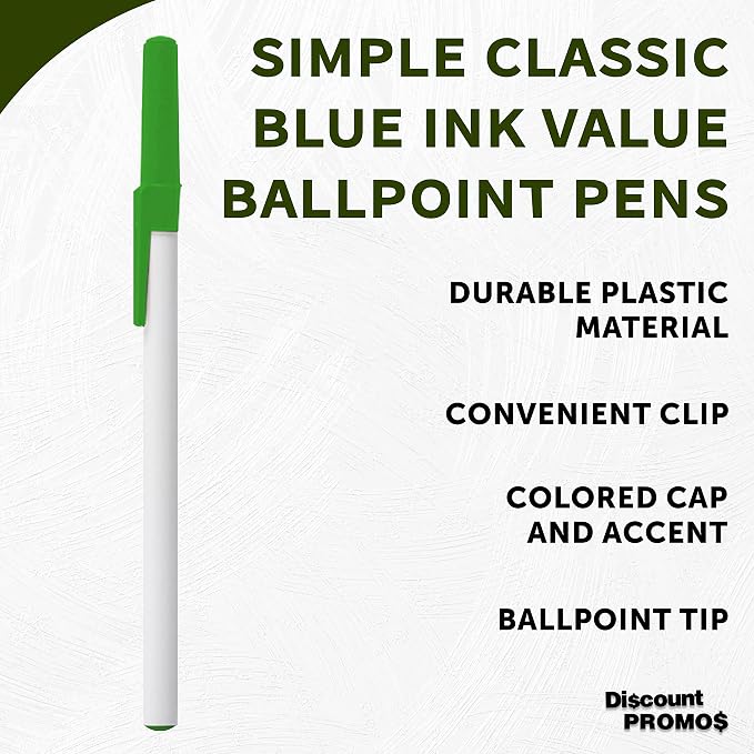 DISCOUNT PROMOS Value Stick Pens Set of 10, Bulk Pack - Blue Ink, Great for Office, School, Business, Tradeshows, Events - Green Cap