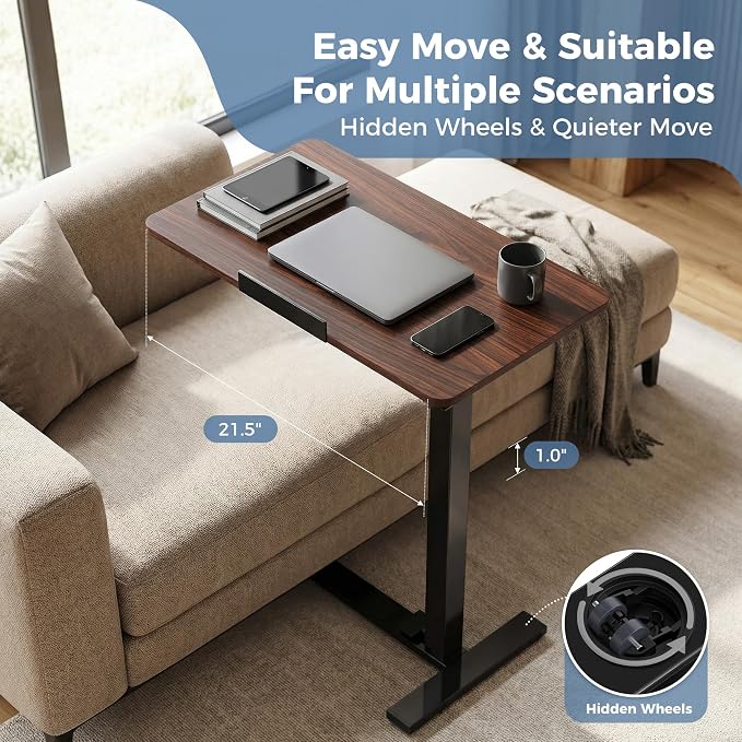 DUMOS Overbed Table with Wheels, Height-Adjustable Bedside Table, Brown | Rolling standing desk with Pneumatic Lift, Portable mobile desk for Bed, Couch, Office, Sofa