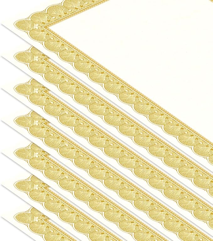 Elite Gold & White Parchment Certificate Papers - Pack of 100, Laser & Inkjet Printer Compatible, For Office, Business Awards, Graduation, School Diplomas, 8-1/2" x 11" on 70 lb Text Stock