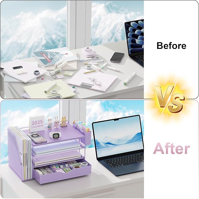 gianotter Wood Desk Organizers and Accessories with File Holder, 4-Tier Desk Accessories & Workspace Organizers with Drawer and Pen Holder, Desk Reference Organizer (Purple, 4T with Drawer)