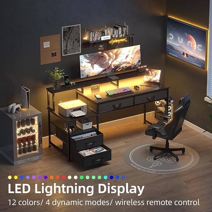 MUTUN 53" Computer Desk with 4 Drawers & Power Outlets, Reversible Home Office Desk with Monitor Stand & Printer Stand, Gaming Desk with Led Lights, Study Writing Work Desk Table for Bedroom (Black)