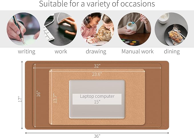 RENMTURE Dual-Sided Mouse Pad, Natural Cork & PU Leather Large Desk Pad for Office and Home Work, Desk Protector Non-Slip, Waterproof, Easy Clean (Brown, 23.6" x 13.7")