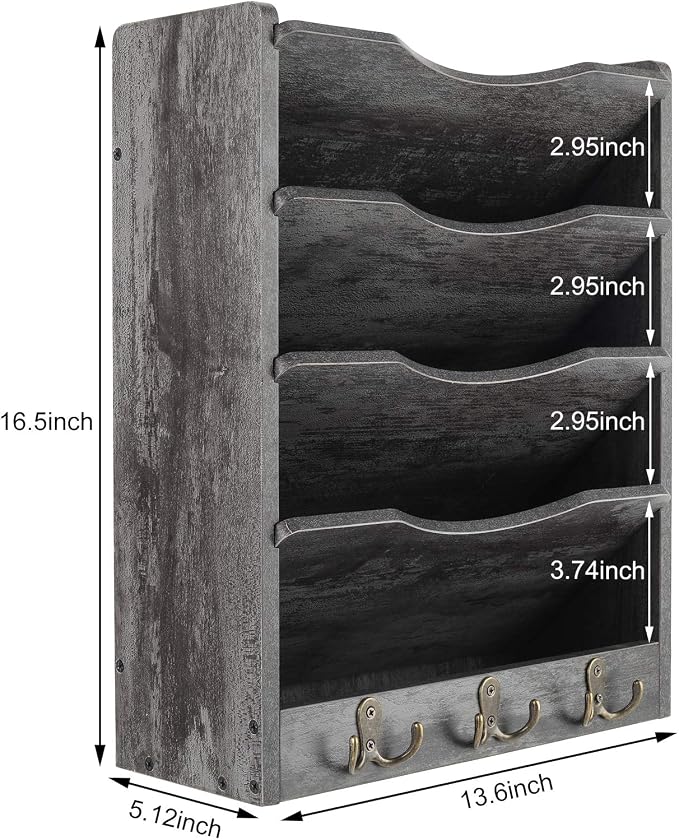 5-Tier Wall File Holder Hanging Mail Organizer Wood Magazine Literature Rack with 6 Hooks, Dark Gray