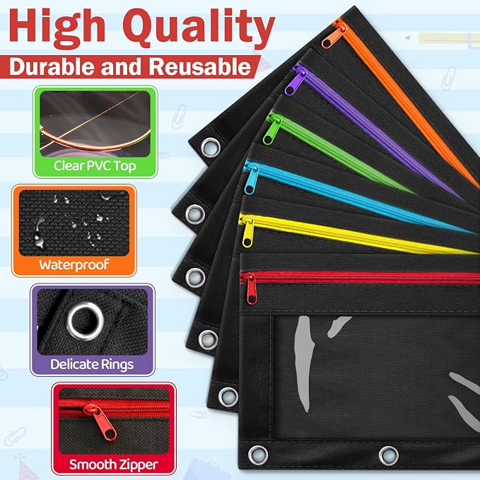 36 Pack Pencil Pouch for 3 Ring Binder Set in 6 Assorted Colors, Clear Window Heavy-Duty Fabric Pencil Case Pouch, Multi-Color Zipper Pencil Bags for Classroom and Office School Supplies