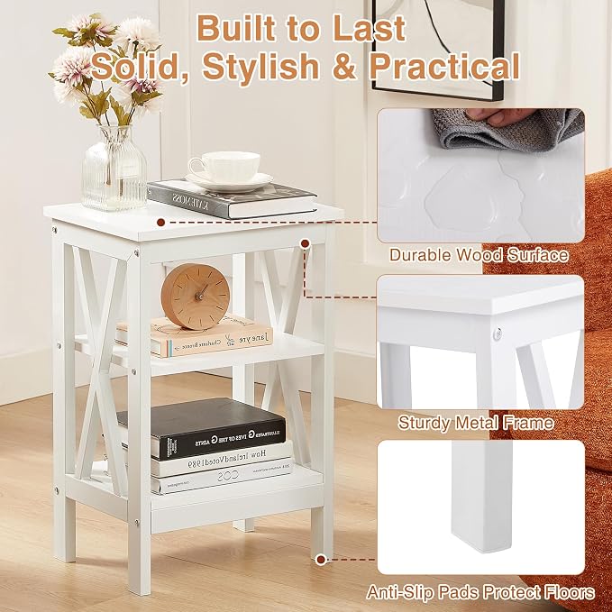 VECELO End Table, Bedside Table, 24" Tall Living Room End Tables, X-Design Reinforced Nightstands, Side Table with 3-Tier Storage Shelves for Small Spaces, Office, Bathroom, Bedroom, Pearl White