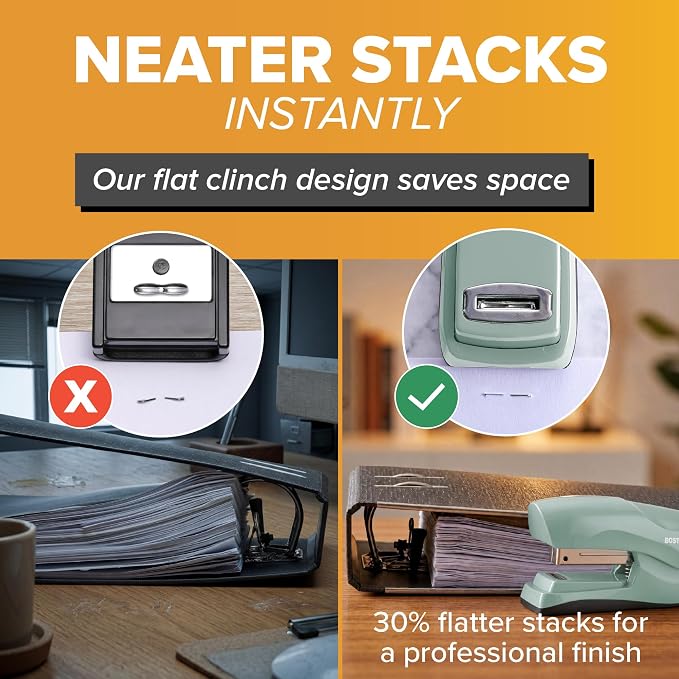 Bostitch Heavy Duty Stapler Value Pack, 40 Sheet Capacity, Sage | Half-strip, flat-clinch design opens fully for tacking bulletin boards; includes a staple remover and 1250 staples.