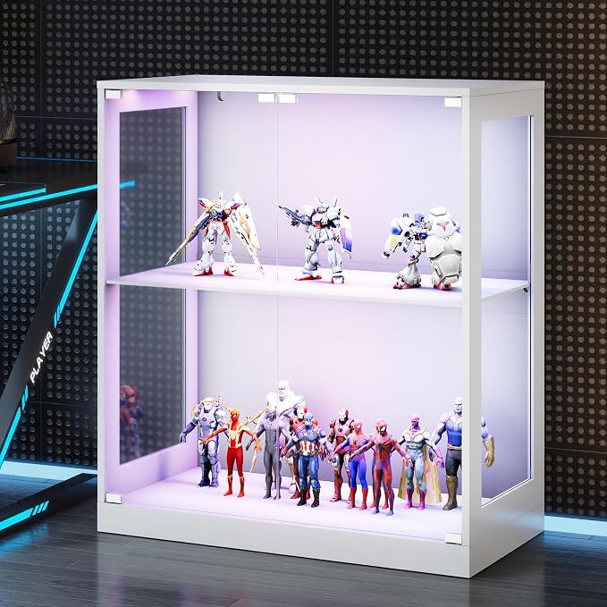 AMERLIFE RGB Display Cabinet, 32 x 16 x 36 Inch | 2-Tier Storage Case with LED Lights, Adjustable Shelves and Press-to-Open Doors, White