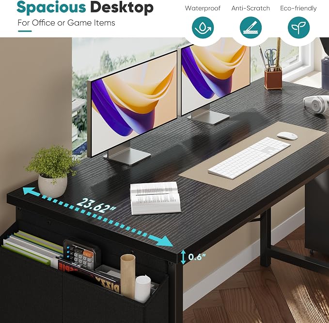 OLIXIS Computer Desk, 63 Inch Gaming Desks for Home Office Small Spaces | Writing Study Craft Work Table, Computer Workstation for Bedroom with Storage Bag, All White