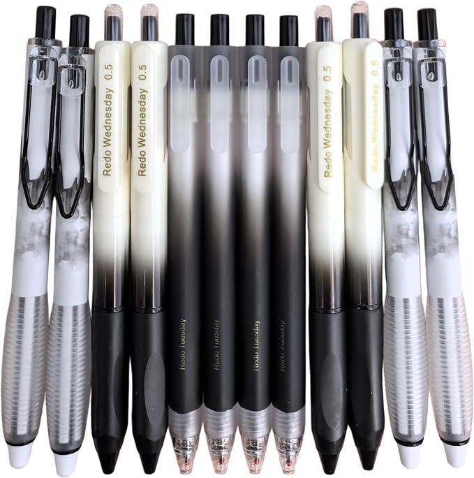 Fengtaiyuan Retractable Gel Pens, 0.5mm Black Ink ST Fine Point, Quick Dry No Smudge 3 Styles (Silent Click/Ergonomic Triangular Grip) for School Office Exam Note Taking, 12 Pack