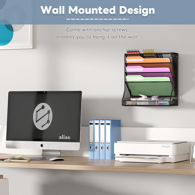 Jakyitvi Wall Mounted File Organizer, Metal Frame Mesh Desktop Sorter | 5-tier hanging style, 4 pull-out dividers, mail sorter, sturdy office supplies, stable R-shaped base, hardware included