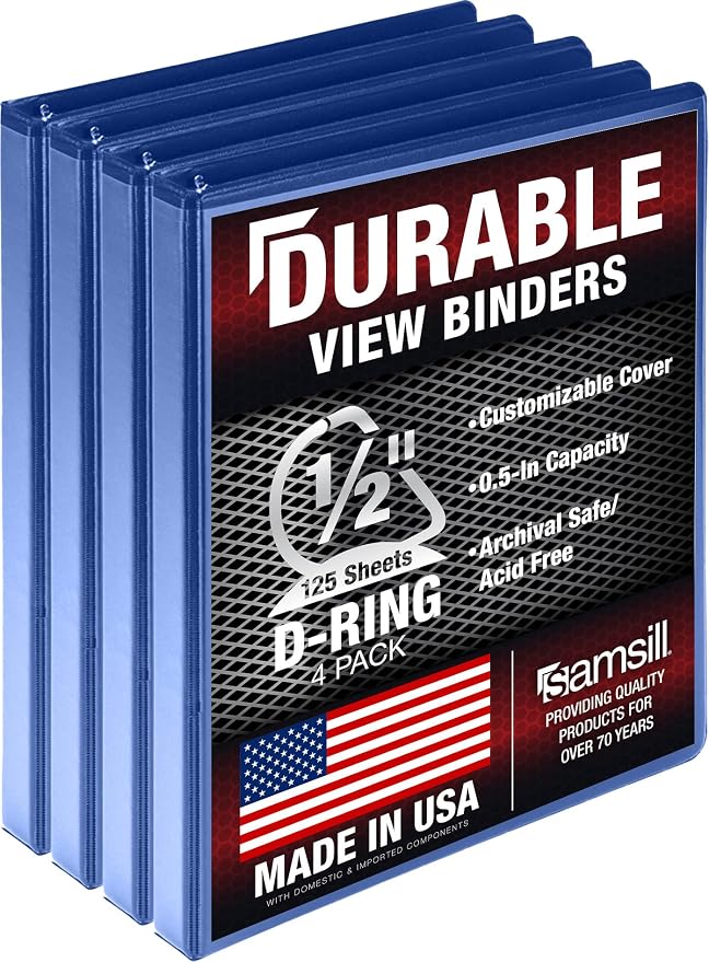 Samsill Durable 0.5 Inch Binder, D Ring Binder, 100% Recycled Chipboard, Blue, 4 Pack