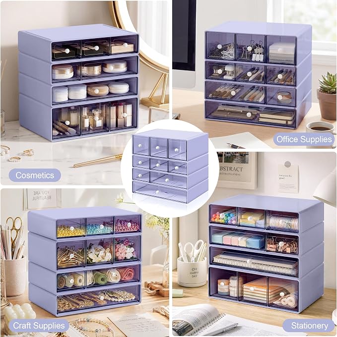 Desk Organizer with 9 Drawers, 4 Tiers Stackable Storage Drawers, Desktop Storage Box with Clear Drawers for Stationery, Makeup, Jewelry, Office and Craft Supplies (Purple)