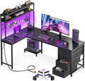 AODK L Shaped Desk Gaming Desk with LED Light & Power Outlet | 59 Inch Black Reversible L Shaped Computer Table with 4 Drawers for Home Office