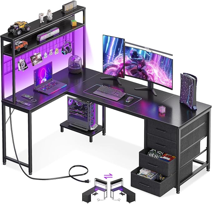 AODK L Shaped Desk Gaming Desk with LED Light & Power Outlet | 59 Inch Black Reversible L Shaped Computer Table with 4 Drawers for Home Office