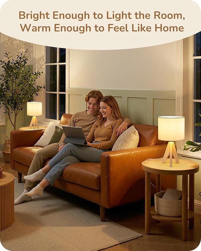 EDISHINE Small Cute Table Lamp, Wood Tripod Nightstand Lamp, 14.2 Inch | ON/Off Switch, E26 Socket, Linen Fabric Shade, Mid Century Bedside Lamp for Nursery, Living Room, Bedroom, End Table