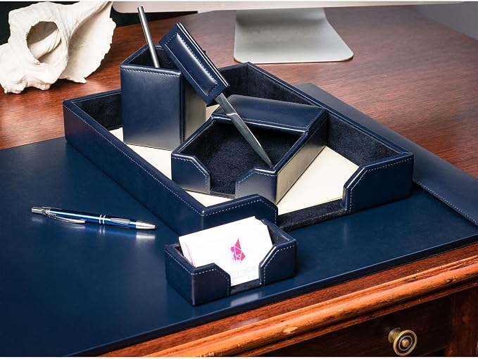 Dacasso Bonded Set Luxury Leather Desk Pad & Desk Organization Essentials, 7 Piece, Navy Blue