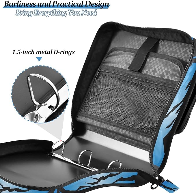 3 D-Ring Zipper Binder Bag, Blue Tiger Black Stripes Pattern Removable Binder with Zipper Case Hold 300+ Sheets& 13 Inch Laptop for School Office Supplies Organizer