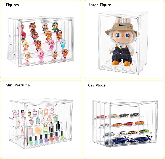 Acrylic Display Case for Figures, 4-Layer Stackable Storage Box | Display Cases for Collectibles, Tool Free Assembly, High Transparency Design, Magnetic Door, Adjustable Divider