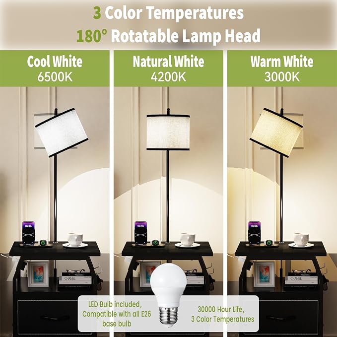 runjuly Floor Lamp with Table, End Tables with Lamps Attached 3-Color Temperature Bulb, Side Table with Lamp with 2 Drawers & Charging, Lamps Tables Combo for Bedroom, Dorm, Apartment - Black