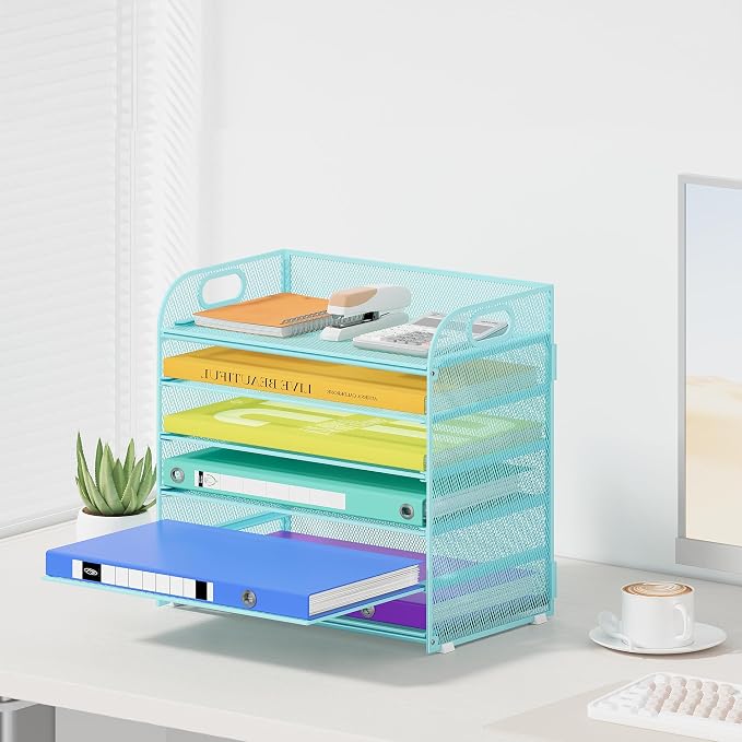 Cawukege 6 Tier Paper Organizer with Handle, Metal Desk Organizer Mesh Paper Letter Tray Desktop File Folder Document Sorter for Classroom, School, Office Accessories Storage (1, 6 Tier - Blue)