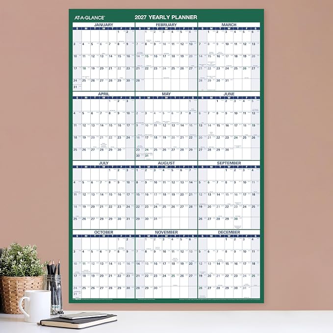 AT-A-GLANCE 2027 Erasable Calendar, Dry Erase Wall Planner, 24" x 36", Vertical, Reversible (PM2102827)