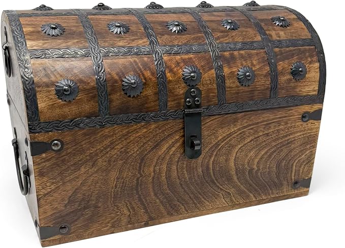 Nautical Cove Treasure Chest Keepsake and Decorative Wood Box (XX-Large 13x8x8.75) - Storage Box, Wooden Box with Hinged Lid, Rustic Storage, Pirate Storage Box, Vintage Wooden Chest