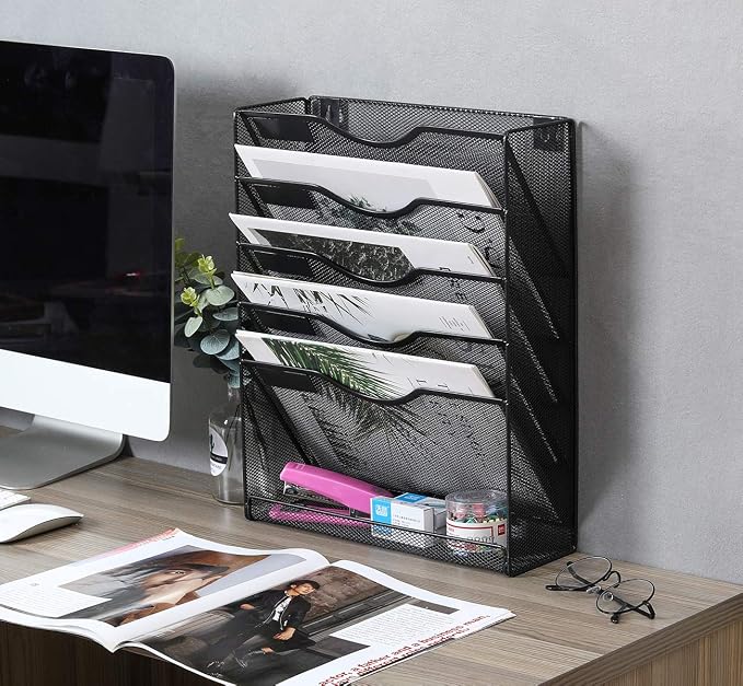 EasyPAG 5 Tier Wall File Holder Mesh Hanging Folder Organizer with Classify Label, Versatile Desk File Holder, Vertical Wall Mounted Mail Organizer for Office Home Cubicle, Black, Closed Sides