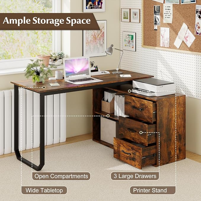 Giantex 55 Inch L-Shaped Desk with Charging Station, Reversible Computer Desk with 3 Drawers, Adjustable Shelf, Large Computer Workstation, Corner Desk for Small Spaces, Home Office (Rustic Brown)
