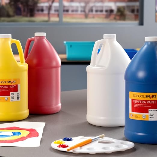School Smart Tempera Paints for School and Arts and Crafts Use, One Gallon Each, Assorted Primary Colors, Set of 4