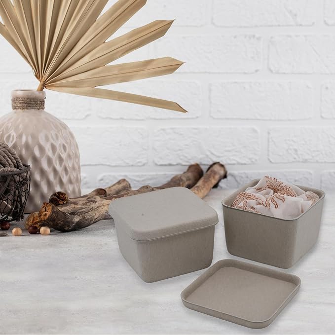 2pc Lidded Felt Desktop Stackable Storage Container with Lid, Stone