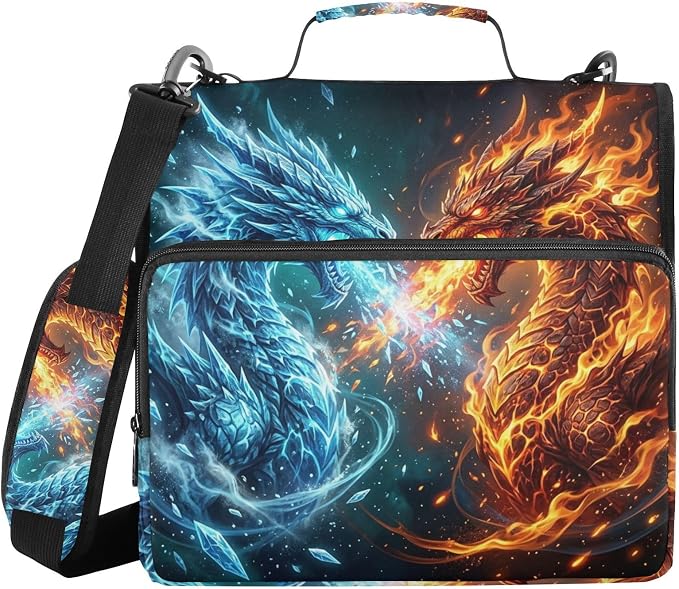 Fire Ice Dragon Print 3 Ring Zipper Binder with Shoulder Strap & Handle 2 Inch D-Ring Zippered Binder Bag with Multiple Pocket & Pencil Pouch, Binder Organizer for School or Office