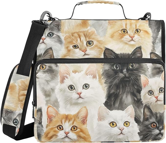 Fisyme Vintage Cats Cute Zipper Binder 3 Ring with Zipper and Shoulder Strap Large Capacity Multi-Pocket Binder Organizer