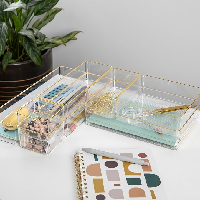 Martha Stewart Kerry Stackable Desk Drawer Organizers, Clear/Gold, 8-Pack | Various Sizes, Gold Trim, Stackable