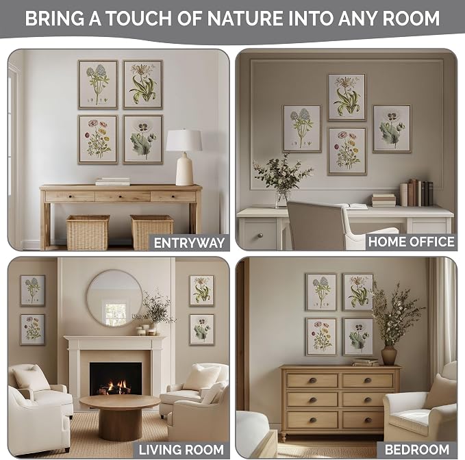 Madison Park Botanical Wall Art Living Room Decor - Vintage Floral Linen Canvas Framed Wall Art Farmhouse Lifestyle Home Office Wall Decor, Ready to Hang Painting for Bedroom, Herbal, Green 4 Piece