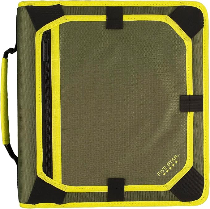 Five Star Zipper Binder, 2 Inch 3-Ring Binder with Round Rings, Expansion Panel and 5-Tab Expanding File, 580 Sheet Capacity, Olive/Citrus (290520C)