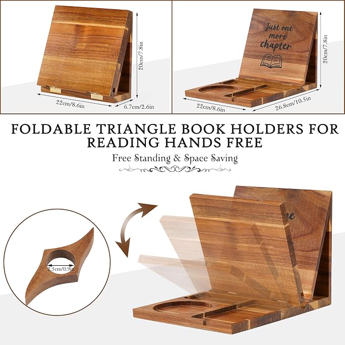 Book Holder Stand for Reading Rest Wooden Book Rest Book Nook Reading Valet | Foldable Desktop Triangle Bookstand with Book Page Holder, Cup, iPad & Phone Stand Bookshelf for Readers Bookworms Gifts