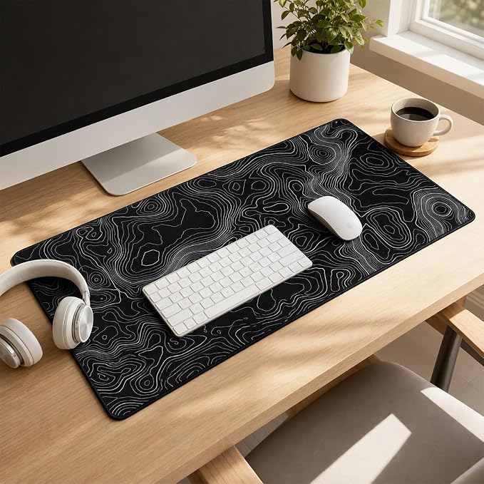 Topographic Gaming Mouse Pad 31.5x11.8 Inch, Black White Desk Mat Extended | Minimalist Contour Line Design with Waterproof Non-Slip Rubber Base, Stitched Edges Desk Pad for Gaming, Office Setup
