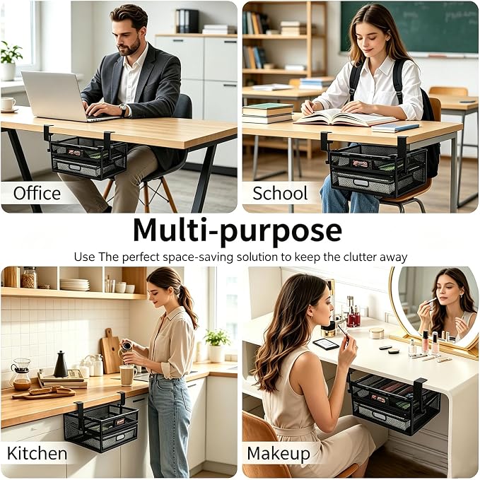 Under Desk Drawer Organizer No Drill Metal Under Desk Storage Drawer Container 2 Slide Out Cabinet Drawer Suitable for Home And Office (Medium)