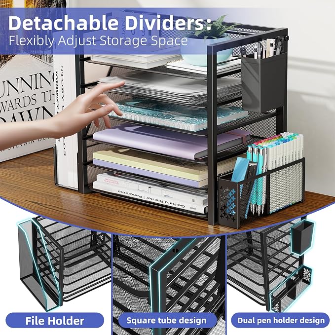 Simple Trending 6 Tier Metal Desk File Organizer with 2 Pen Holders, Black | 18"L x 9"W x 13"H, 6 Trays + Side file holder + 2 pen holders, sturdy metal frame, non-slip base, easy assembly, 24h support.