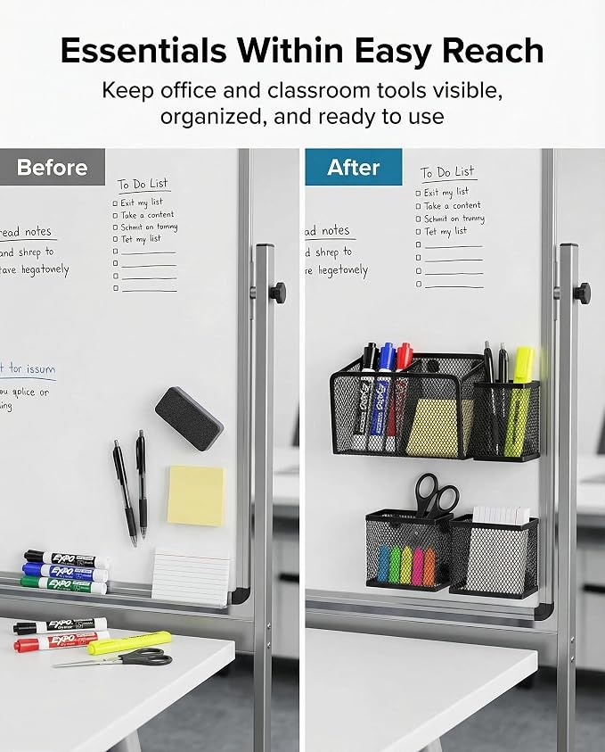 Neudeco Magnetic Locker Organizer, Set of 3, Black | Mesh Pencil Holder & Storage Basket, For Locker, Whiteboard & Refrigerator, Strong Magnet, School Supply Organizer