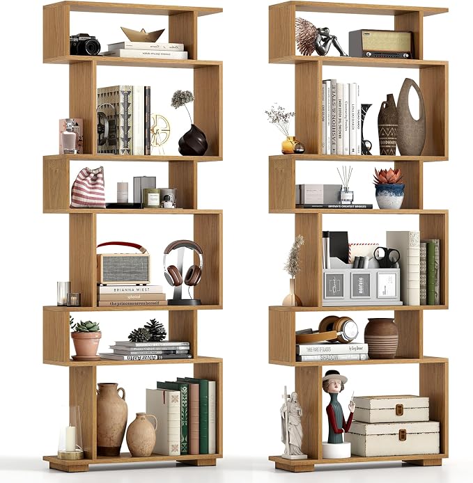 Tangkula 6-Tier S-Shaped Bookshelf, 64" Freestanding Geometric Bookcase, Home Office Wood Storage Shelf with Anti-Toppling Device, Room Divider Display Rack for Study, Living Room (2, Natural)