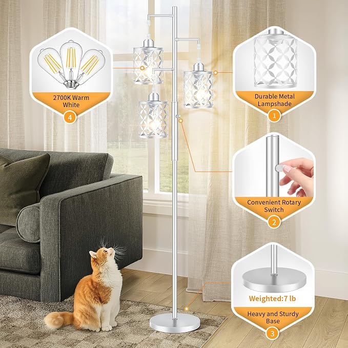 Dimmable Floor Lamp, Farmhouse Standing Lamp with Elegant Metal Cage, Industrial Tall Tree Floor Lamps for Living Room Bedroom Study Room Office, 3 x 800LM LED Bulbs Included - 68", Silver