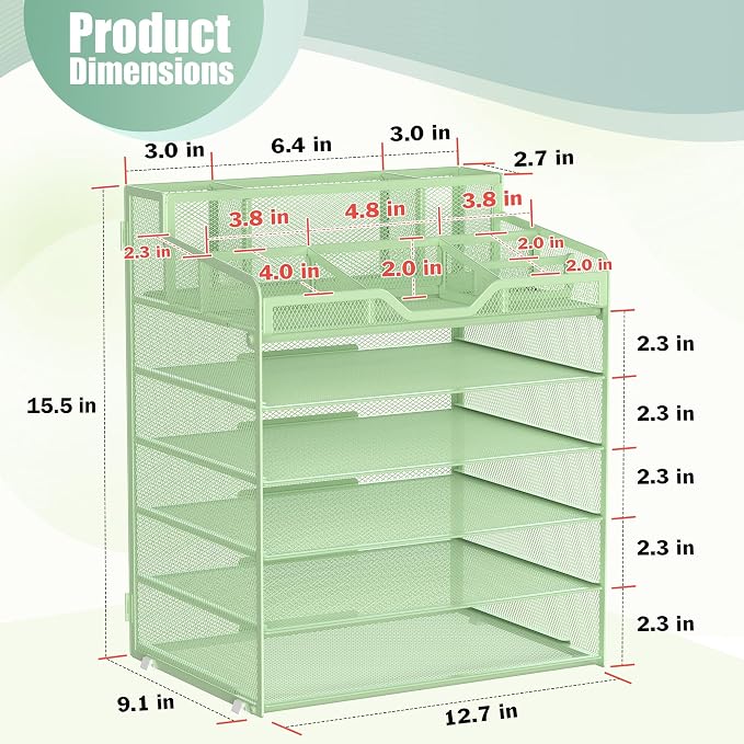Docnest 6 Tier Mesh Desk Organizer with Letter Tray & Paper Sorter, Green | Features 3 built-in pen holders & 5 adjustable compartments on top. Includes 4 non-slip rubber feet for desk protection