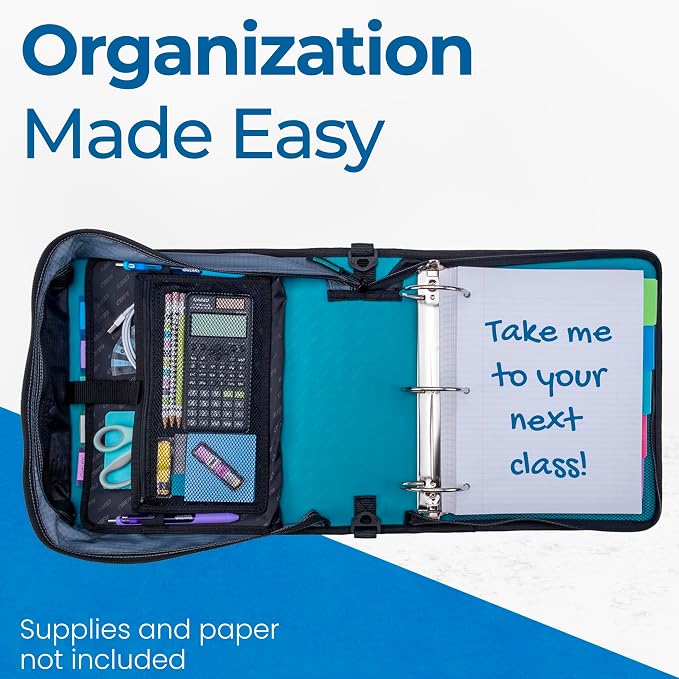 Case-it School Zipper Binder | 3" O-Rings | 600-Sheet | D-146 Aqua Marine | Mighty Zip Tab, 5-Subject Expanding File Folder, Multiple Pockets, Storage Organizer, Shoulder Strap, Office