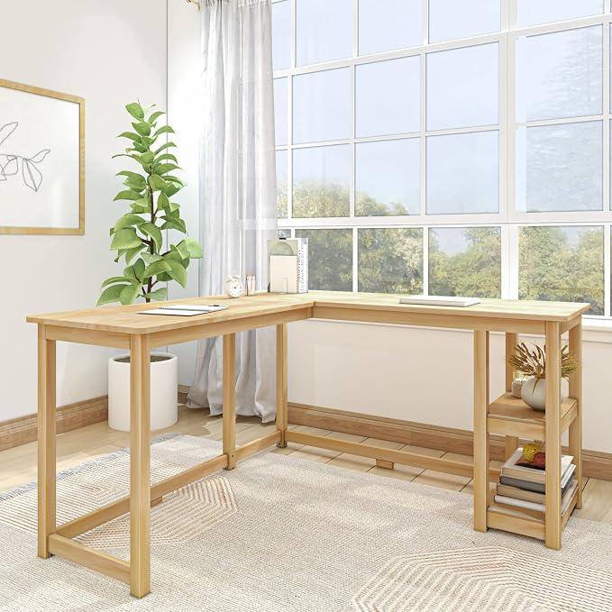 Plank+Beam Solid Wood Corner Desk with Shelves, L-Shaped Desk for Bedroom, Home Office Study Desk, 55.25 Inch | Wooden Corner Desk with Shelves, Non-Toxic Finishes, Large Desk Space, Engineered Wood, Matching Style, Solid Wood