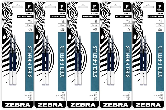 Zebra Pen Ballpoint Refill, Fits F-301, F-402, F-701, Blue, 0.7mm, 10-Pack
