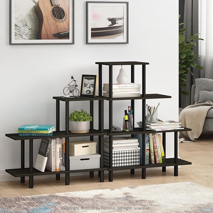 Furinno Turn-N-Tube 3-Tier Cube Ladder Shelf, Espresso/Black | Book Shelf, Accent Display Shelf, Open Shelves, Round Tubes, for Organization and Storage, Living Room, Garage, Home Office