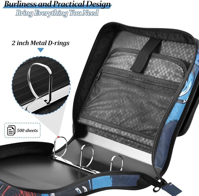 Truck Blue 3 Ring Binder Bag 1.5 inch Binder Organizer with Zipper Shoulder Strap 500 Sheet Documents Storage for School Office