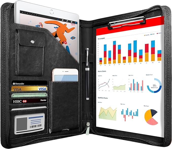 WRIYES Zippered Padfolio Organizer, 10.2 Inch Portfolio Folder, Black | Leather Planner Binder, For Documents, Letter Size, Business Card Holder, For Men&Women